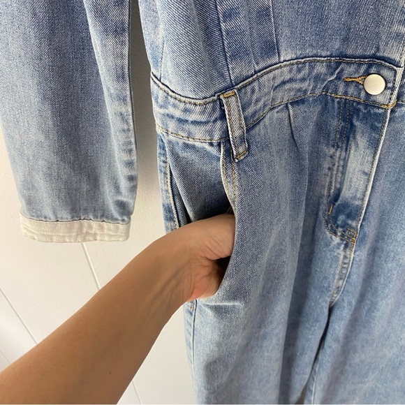 Polagram Denim Jumsuit Light Wash V-neck Collared Corduroy Sz L Straight Leg - Picture 6 of 16